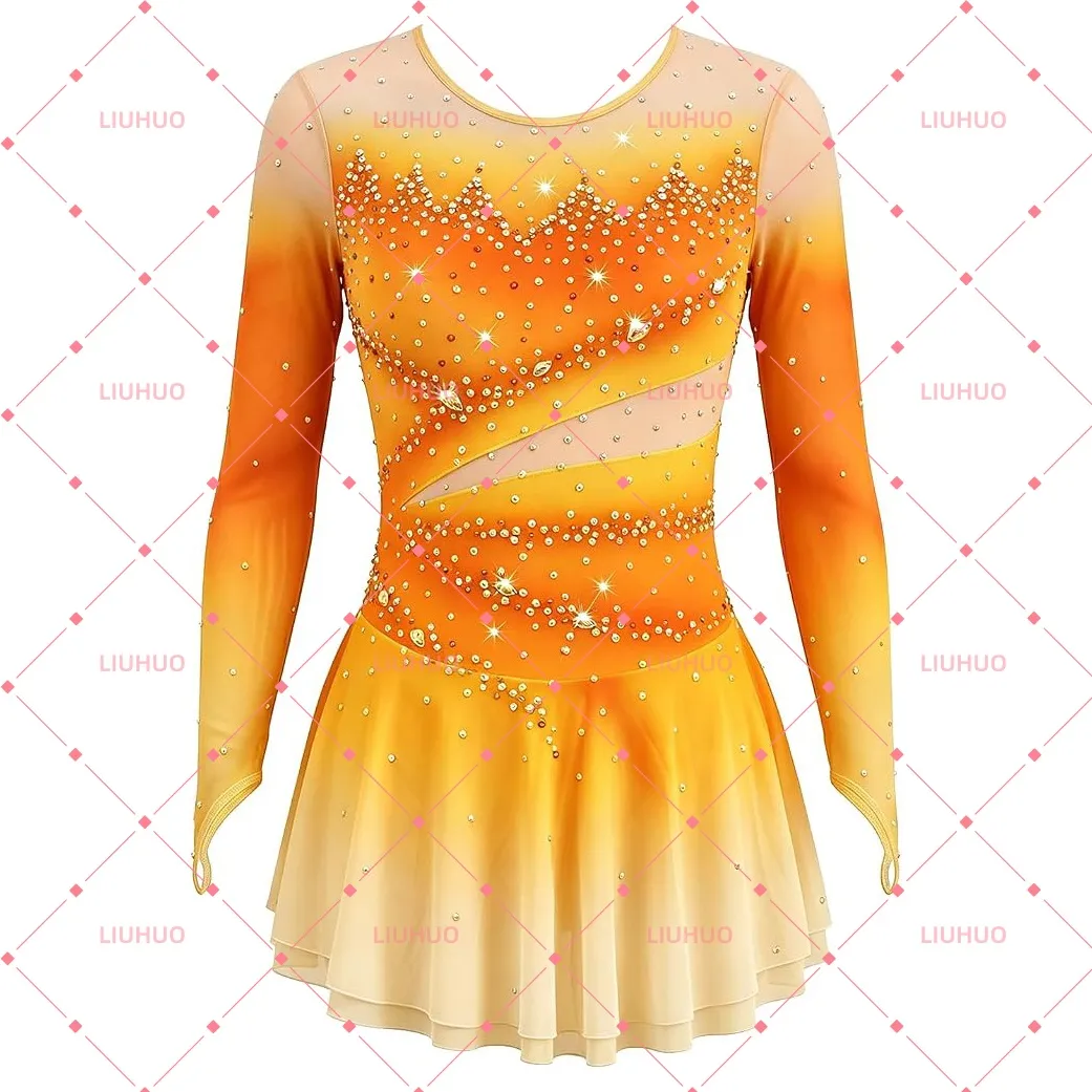 LIUHUO Figure Skating Dress BD1838  | Ombré Mesh Cutout Crystal Long Sleeve Ice Costume for Women & Girls