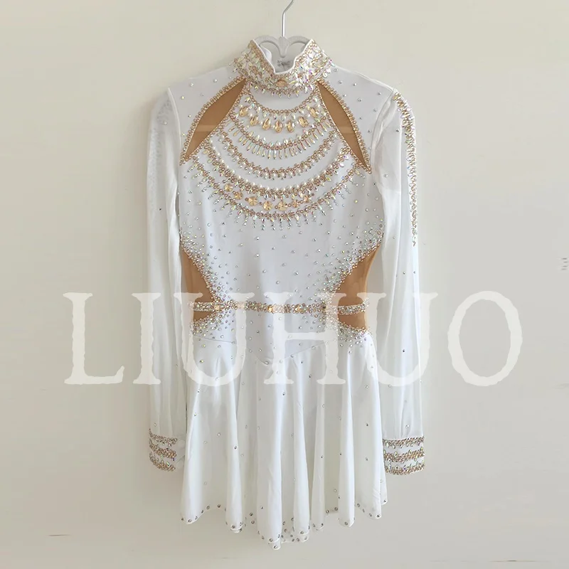 LIUHUO Ice Figure Skating Dress Girls Women Teens Stretchy Spandex White Competition Wholesale-LIUHUO