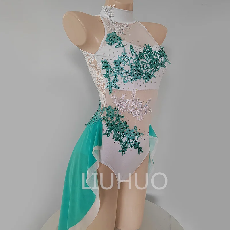 Green Diamond Ladies One Piece Pole Dance Dress Competition Training Can Be Customized Lyrical Dance Dress-LIUHUO