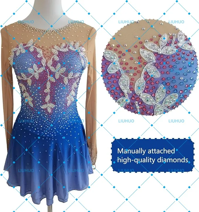 LIUHUO Figure Skating Dress  JC976 | Royal Blue & Lavender Silver Leaf Embroidery Illusion V-Back Crystal Long Sleeve Outfit for Women & Girls