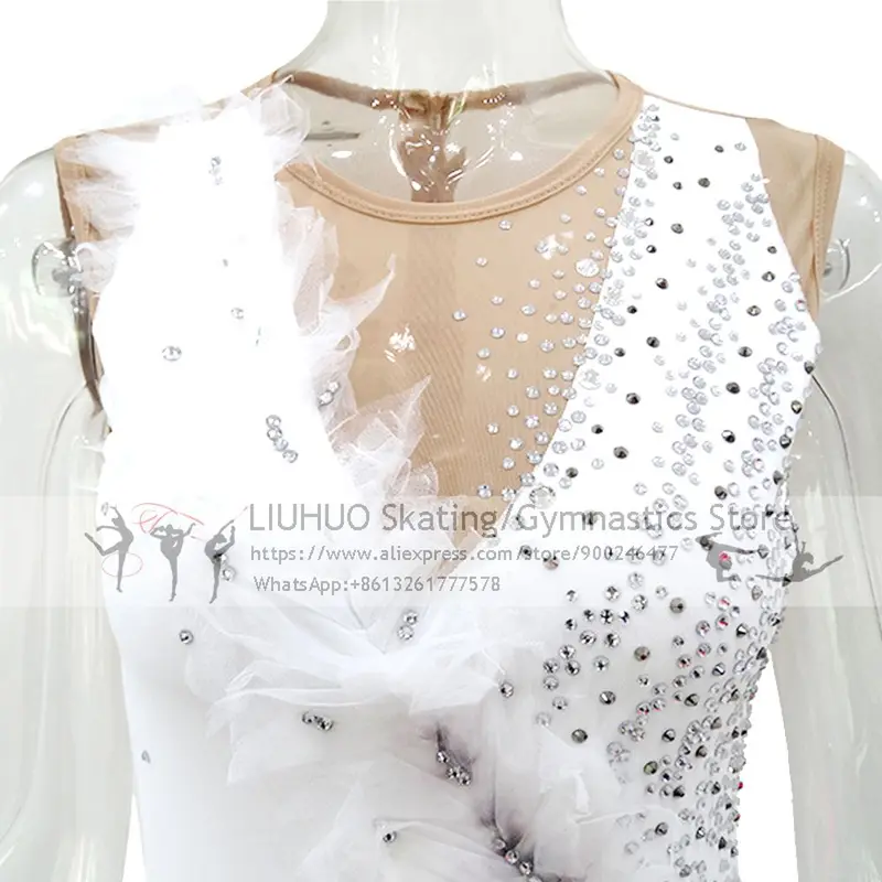 Ice Skating Dress Girls White Flower Spandex Elastane High Elasticity Competition Skating Wear Handmade Jeweled Rhin-LIUHUO