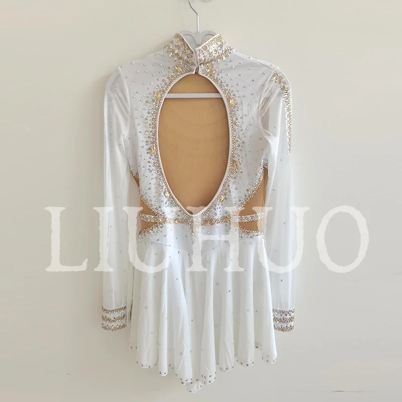 LIUHUO Ice Figure Skating Dress Girls Women Teens Stretchy Spandex White Competition Wholesale-LIUHUO