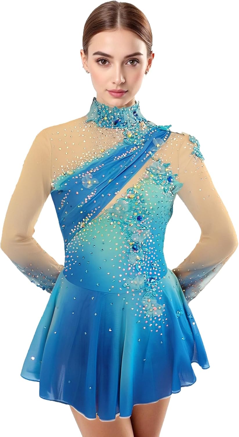 LIUHUO Figure Skating Dress Girl's Long Sleeves Blue Diamonds Applique Handmade Competition Performance-LIUHUO