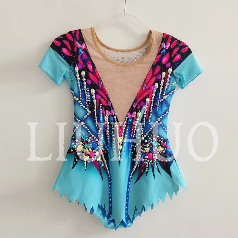 LIUHUO Rhythmic Gymnastics Leotard Gradient Short Sleeves Competitive Cheerleading Performance For Children-LIUHUO