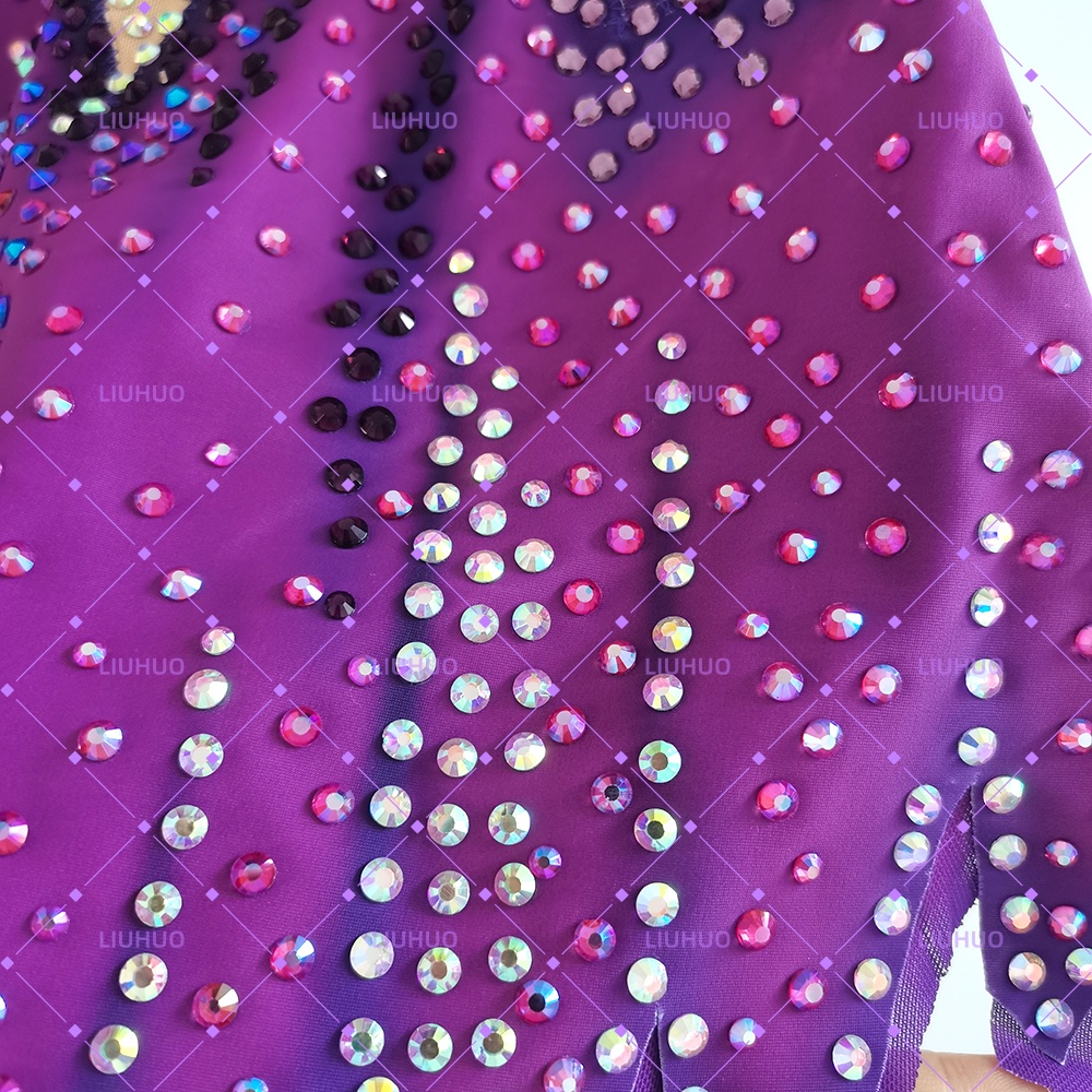 LIUHUO Rhythmic Gymnastics Leotard JC892 | Royal Purple High Neck Sleeveless Crystal Matrix Jagged Hem Competition Performance Suit for Women & Girls