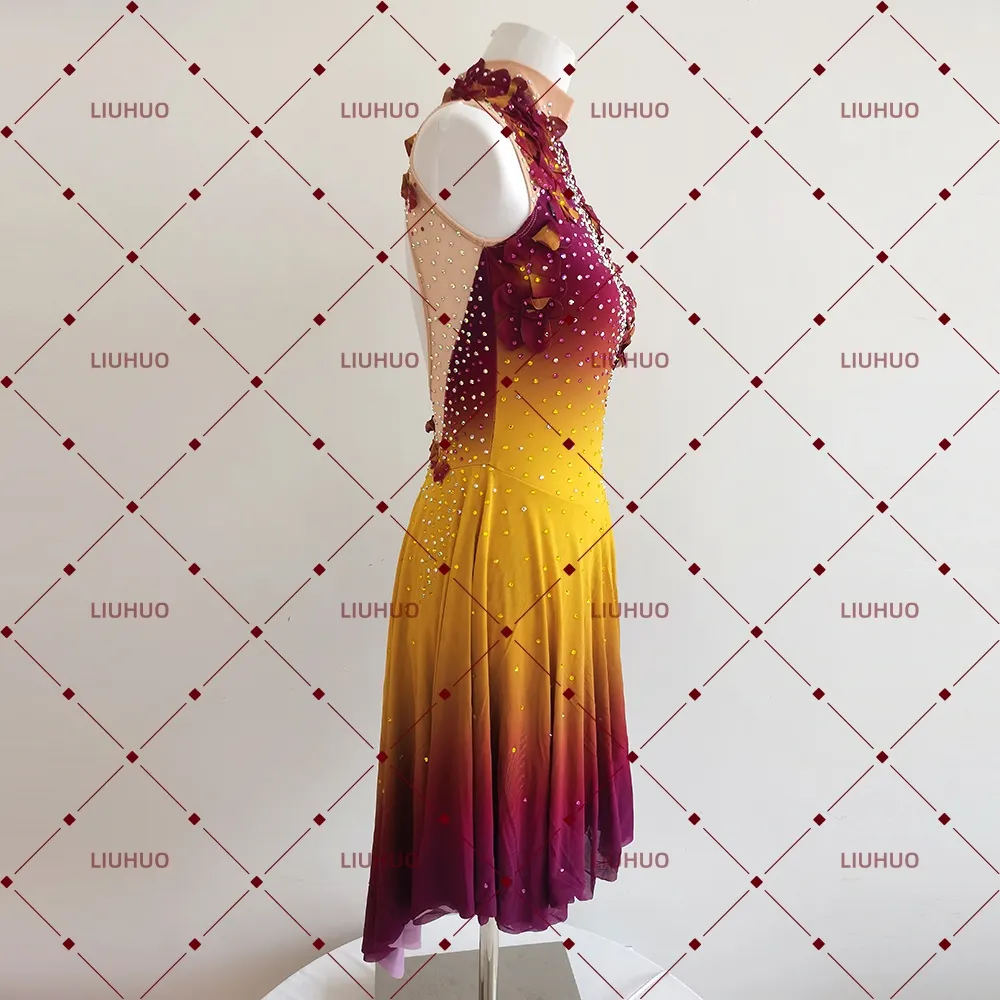 LIUHUO Figure Skating Dress BD7107 | Burgundy Yellow Gradient 3D Flower Crystal Embellished Skating Dress for Girls