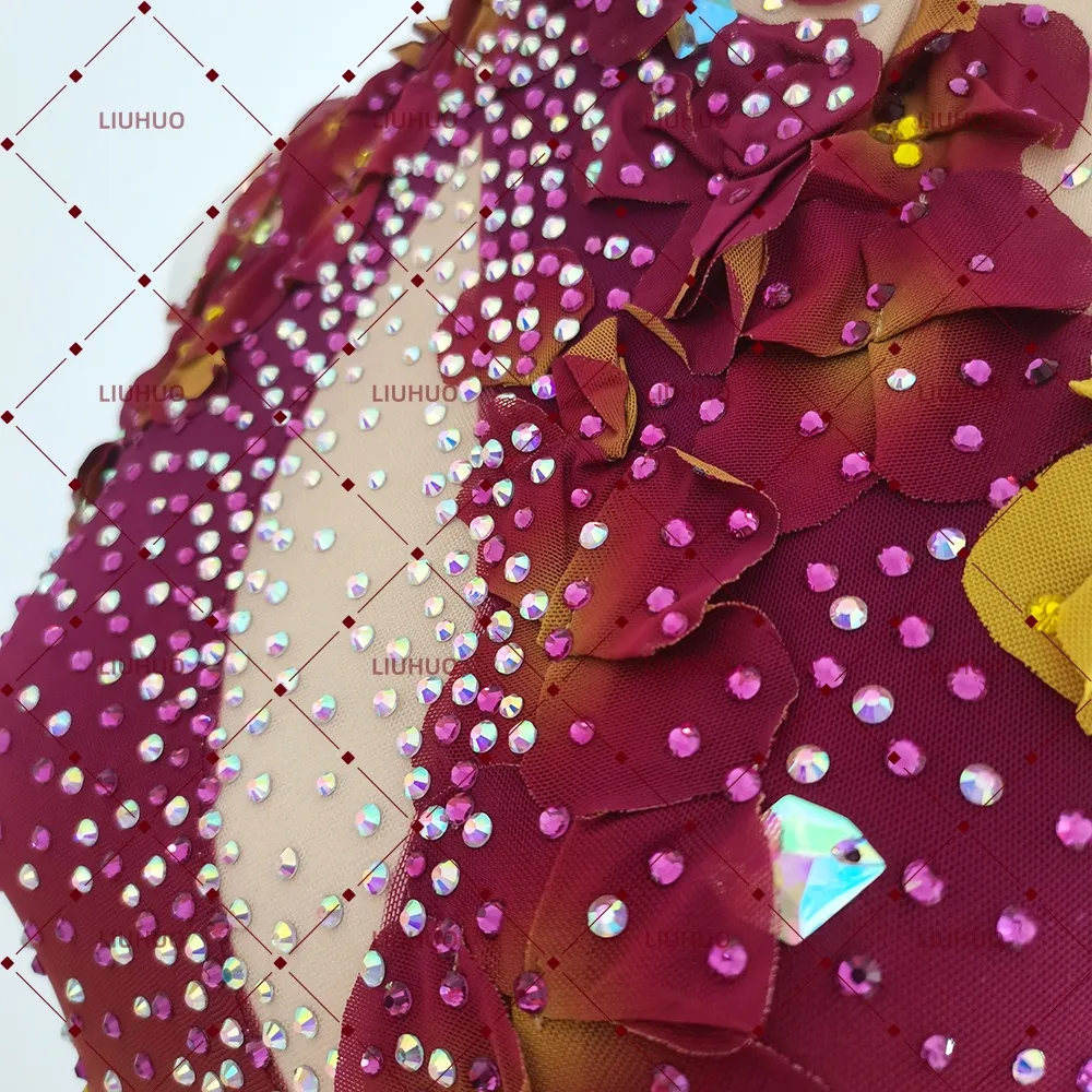 LIUHUO Figure Skating Dress BD7107 | Burgundy Yellow Gradient 3D Flower Crystal Embellished Skating Dress for Girls