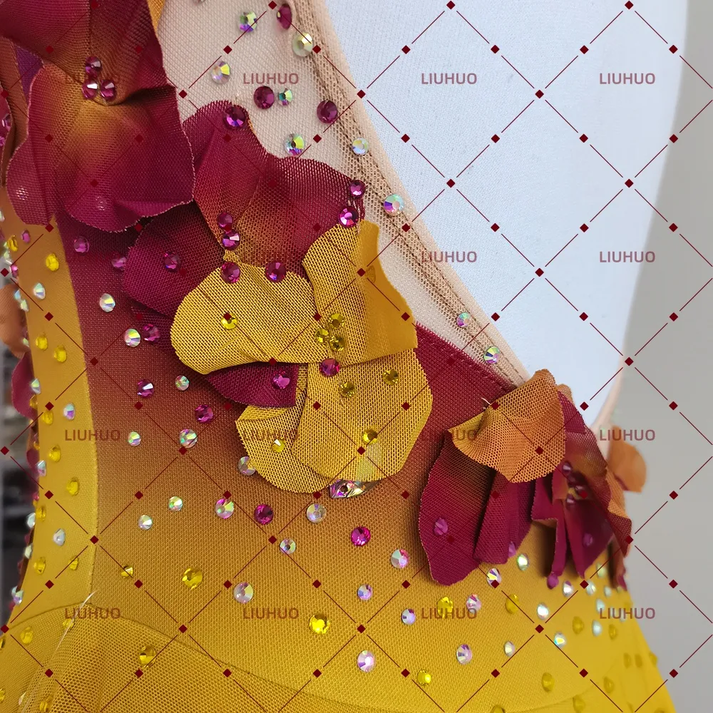 LIUHUO Figure Skating Dress BD7107 | Burgundy Yellow Gradient 3D Flower Crystal Embellished Skating Dress for Girls