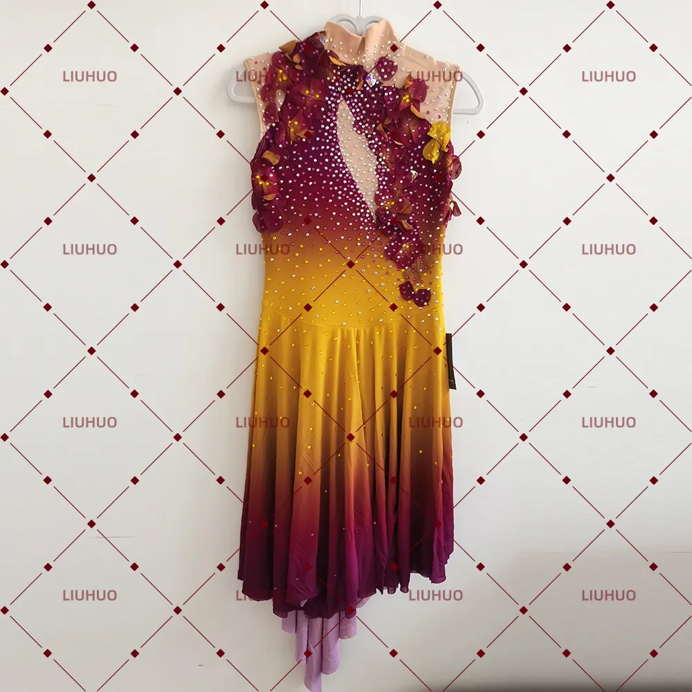 LIUHUO Figure Skating Dress BD7107 | Burgundy Yellow Gradient 3D Flower Crystal Embellished Skating Dress for Girls