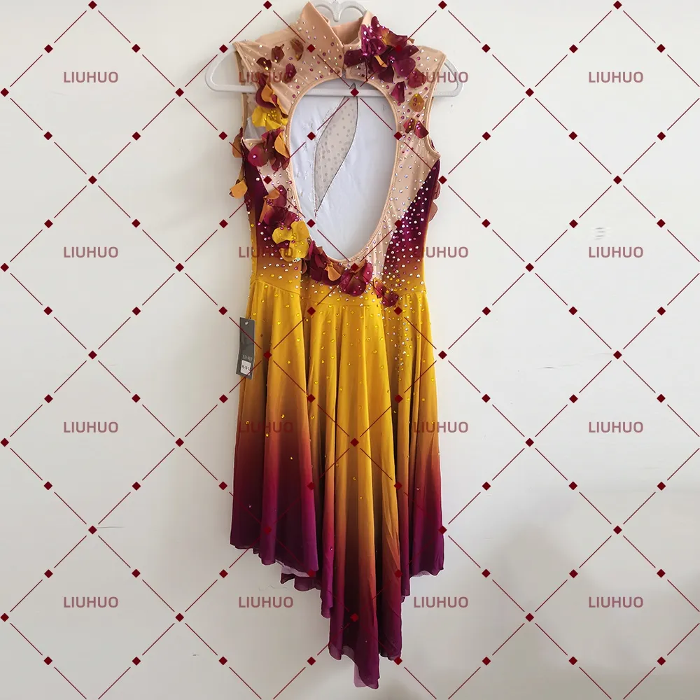 LIUHUO Figure Skating Dress BD7107 | Burgundy Yellow Gradient 3D Flower Crystal Embellished Skating Dress for Girls