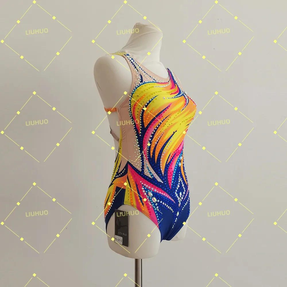 LIUHUO Rhythmic Gymnastics Costume JC1080 | Vibrant Sunburst Flame Lattice Criss-Cross Back Crystal Embellished Performance Costume for Girls