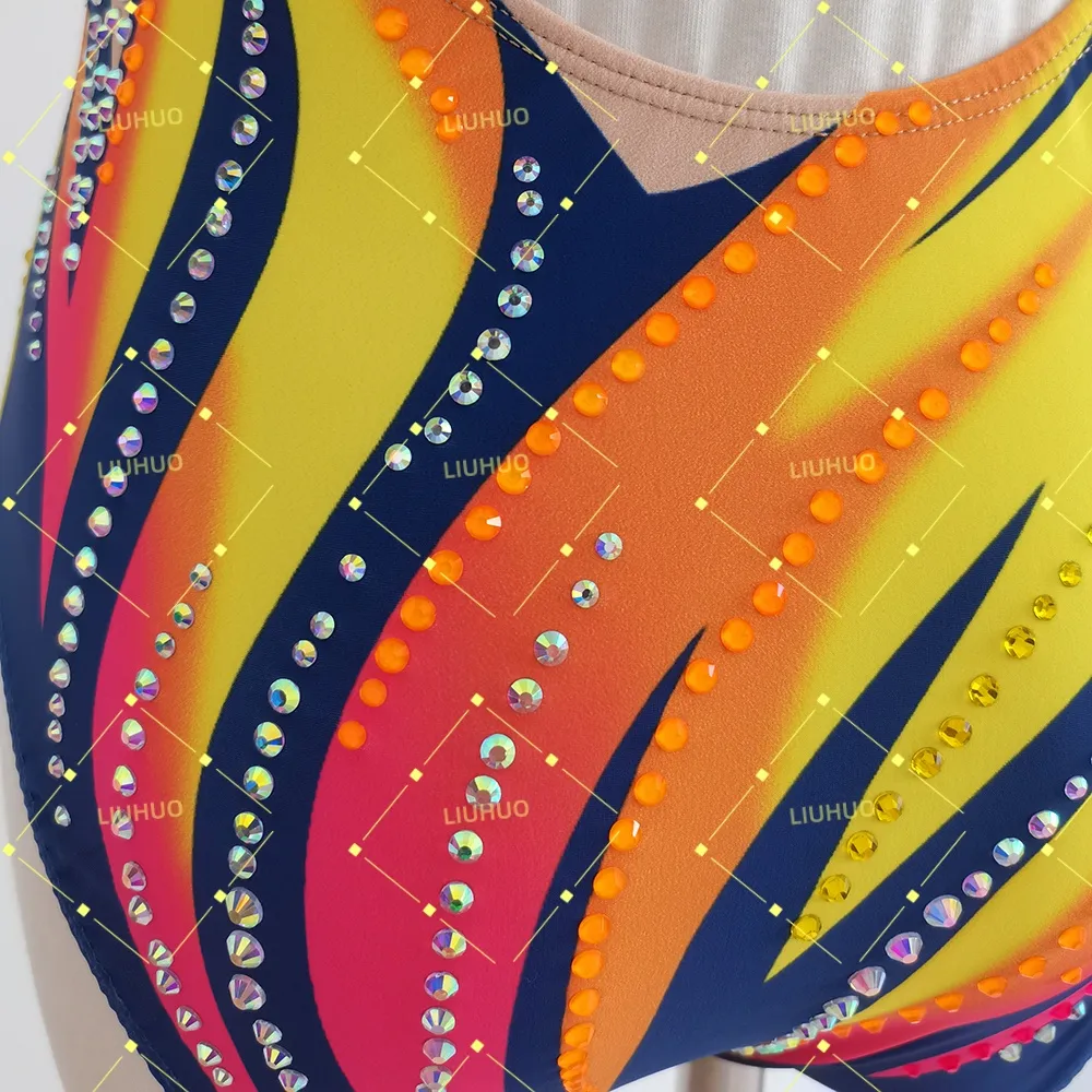 LIUHUO Rhythmic Gymnastics Costume JC1080 | Vibrant Sunburst Flame Lattice Criss-Cross Back Crystal Embellished Performance Costume for Girls