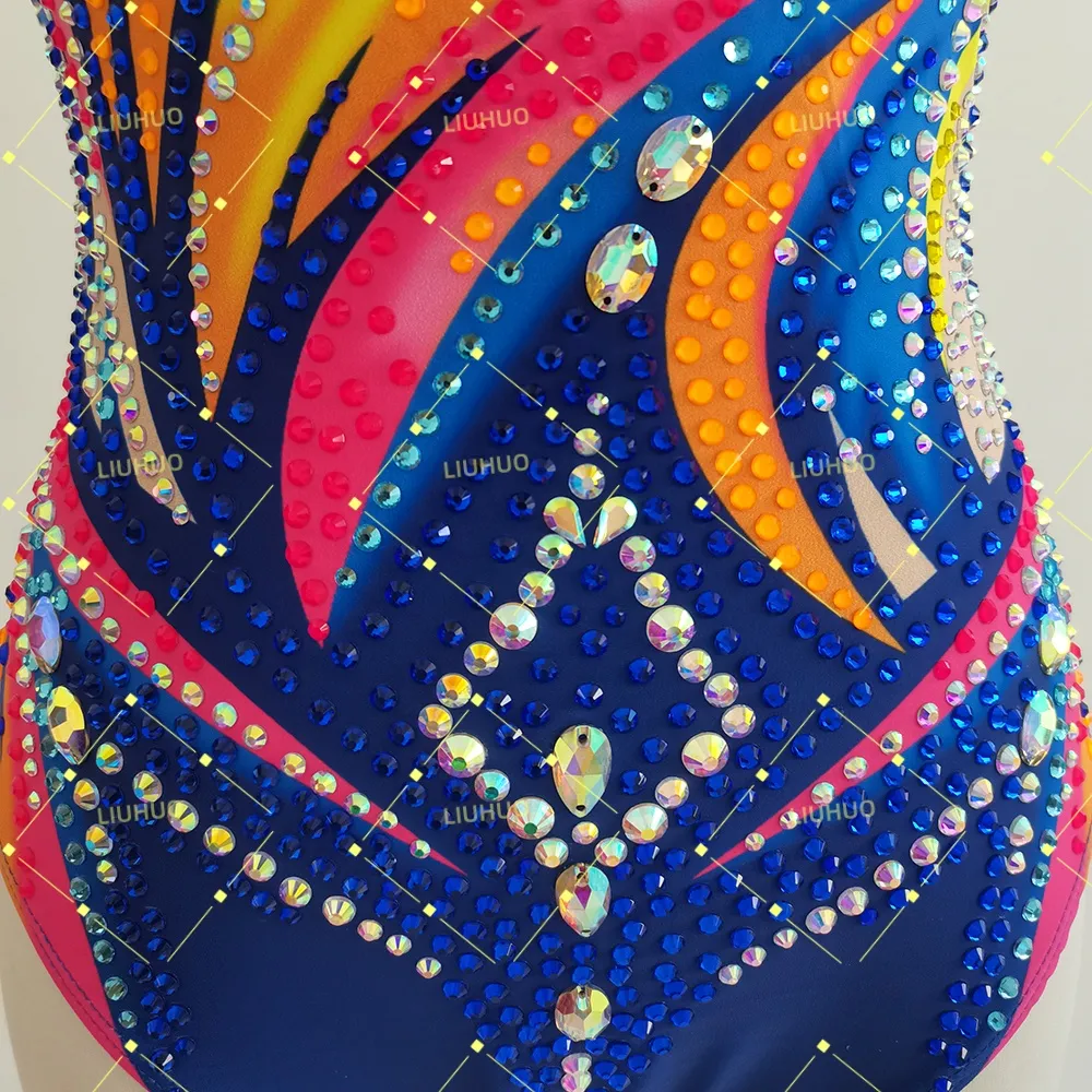 LIUHUO Rhythmic Gymnastics Costume JC1080 | Vibrant Sunburst Flame Lattice Criss-Cross Back Crystal Embellished Performance Costume for Girls