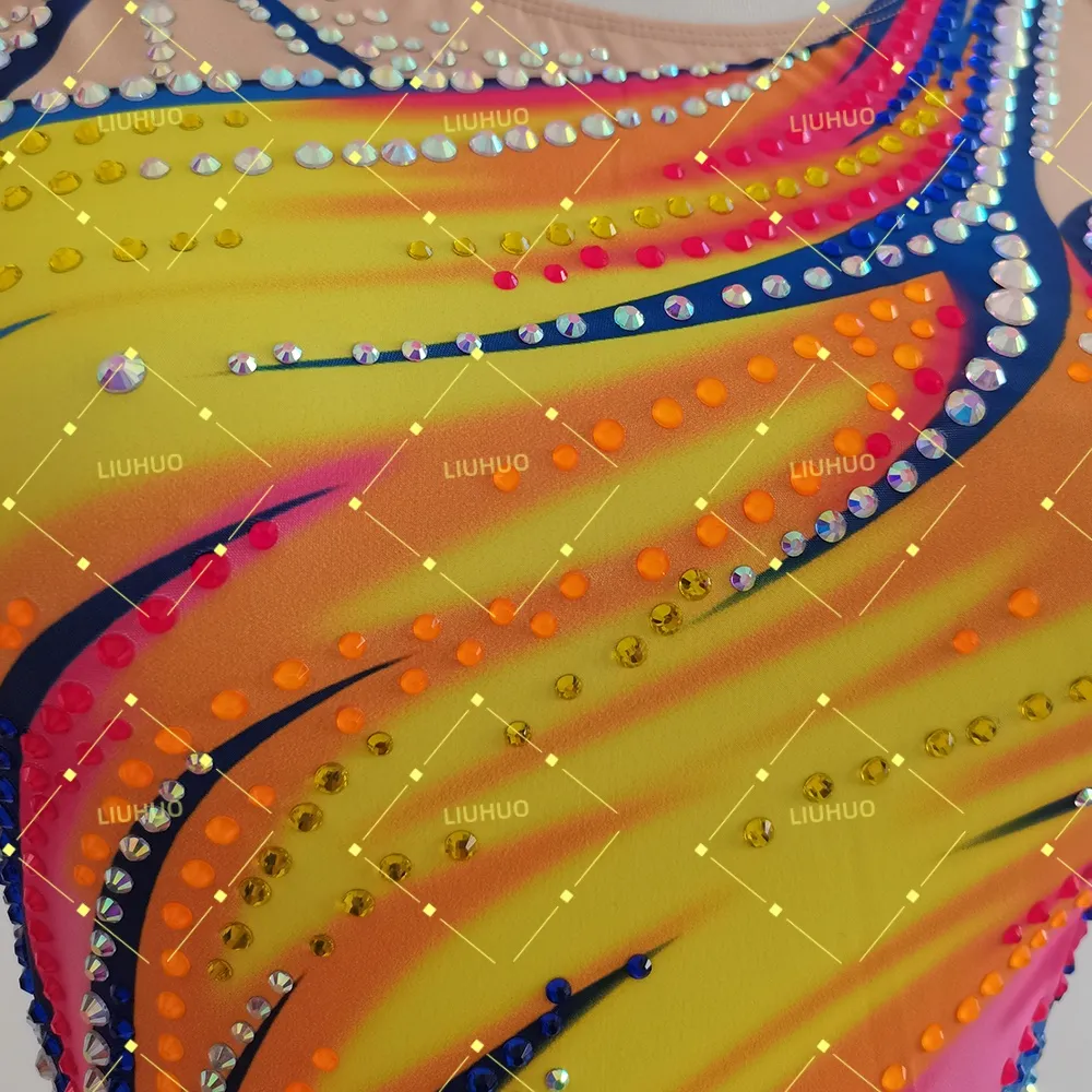 LIUHUO Rhythmic Gymnastics Costume JC1080 | Vibrant Sunburst Flame Lattice Criss-Cross Back Crystal Embellished Performance Costume for Girls