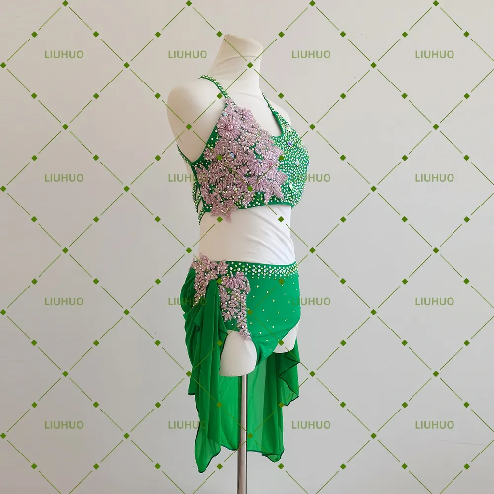 LIUHUO Lyrical Dance Costume JC1083 | Emerald Green Pink Floral Asymmetric Crystal Contemporary Costume for Girls