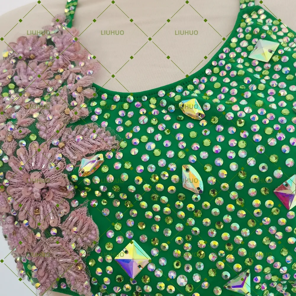 LIUHUO Lyrical Dance Costume JC1083 | Emerald Green Pink Floral Asymmetric Crystal Contemporary Costume for Girls
