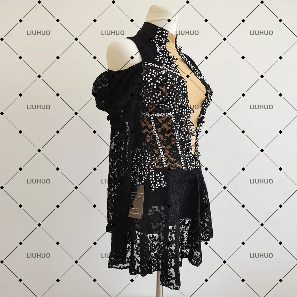 LIUHUO Lyrical Dance Costume JC1084 | Black Lace Cold-Shoulder Open Back Crystal Competition Lyrical Costume for Girls