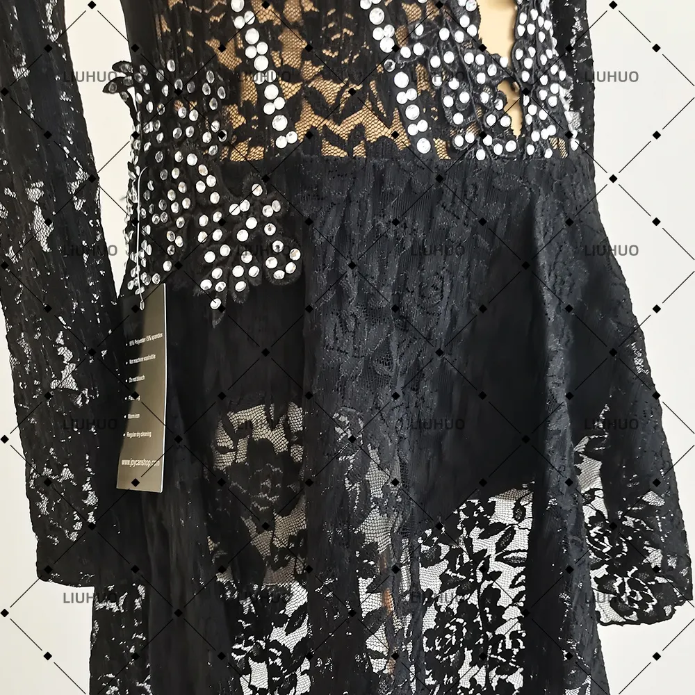 LIUHUO Lyrical Dance Costume JC1084 | Black Lace Cold-Shoulder Open Back Crystal Competition Lyrical Costume for Girls