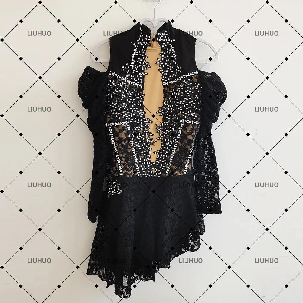 LIUHUO Lyrical Dance Costume JC1084 | Black Lace Cold-Shoulder Open Back Crystal Competition Lyrical Costume for Girls