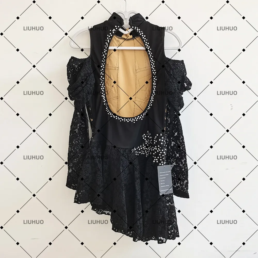 LIUHUO Lyrical Dance Costume JC1084 | Black Lace Cold-Shoulder Open Back Crystal Competition Lyrical Costume for Girls