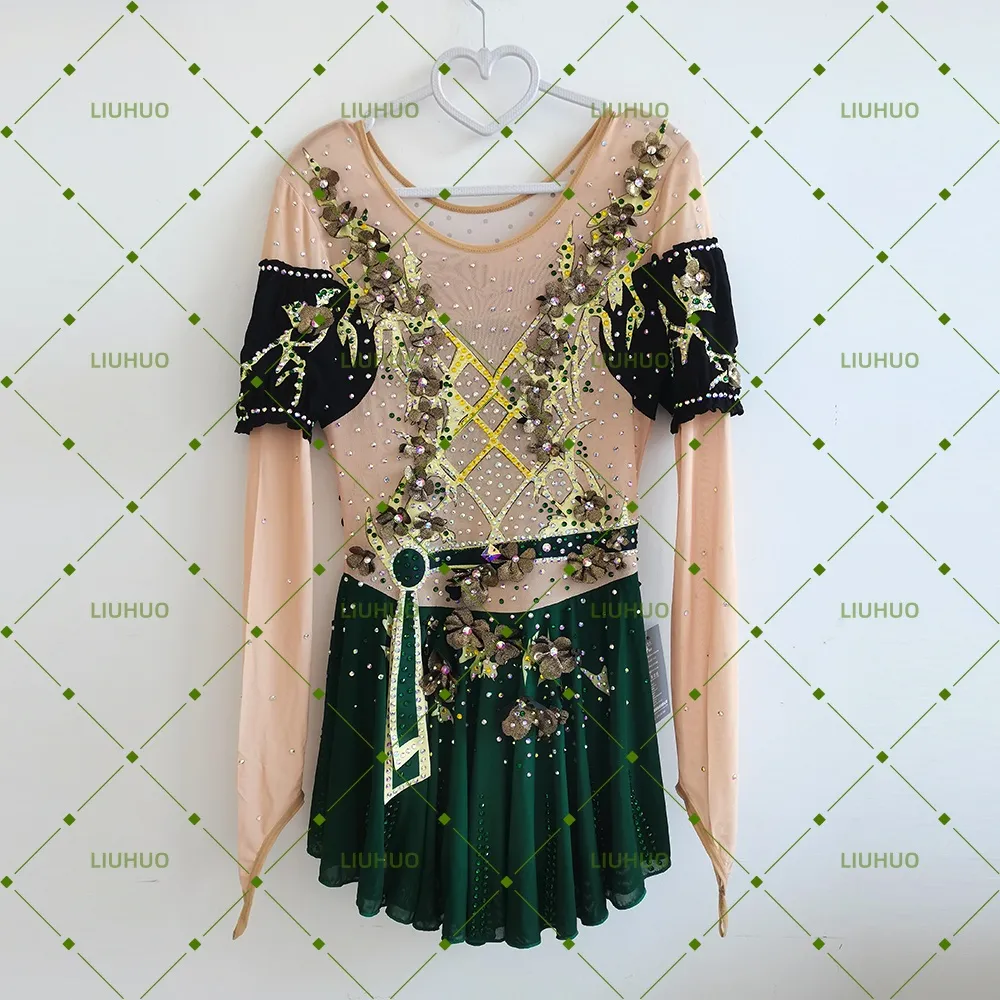 Liuhuo Figure Skating Dress BD1171 | Burgundy Rhinestone Competition Skating Dress for Girls