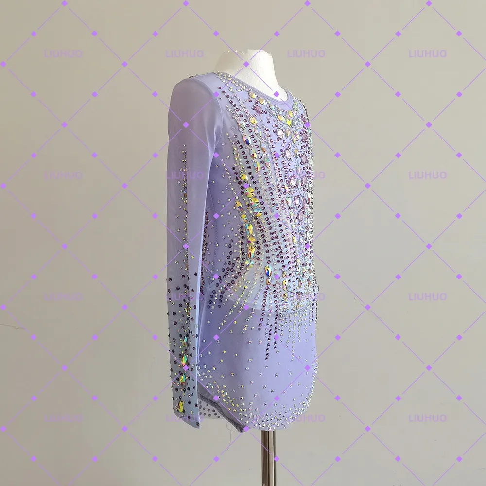 LIUHUO Rhythmic Gymnastics Leotards BD1698 | Lilac Purple Lavender Gradient Long Sleeve Crystal Gymnastics Costume for Girls