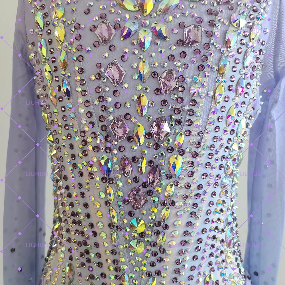 LIUHUO Rhythmic Gymnastics Leotards BD1698 | Lilac Purple Lavender Gradient Long Sleeve Crystal Gymnastics Costume for Girls