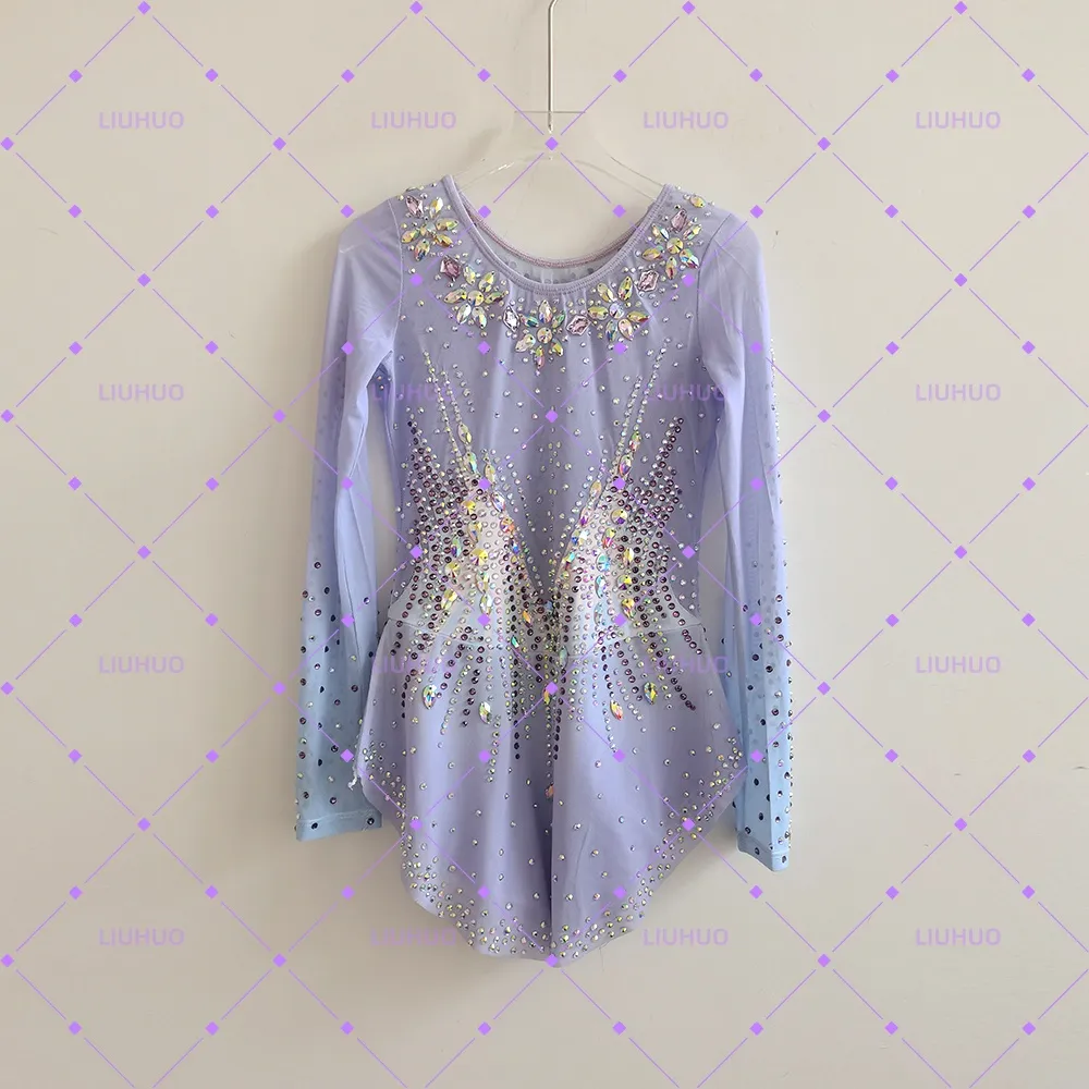 LIUHUO Rhythmic Gymnastics Leotards BD1698 | Lilac Purple Lavender Gradient Long Sleeve Crystal Gymnastics Costume for Girls