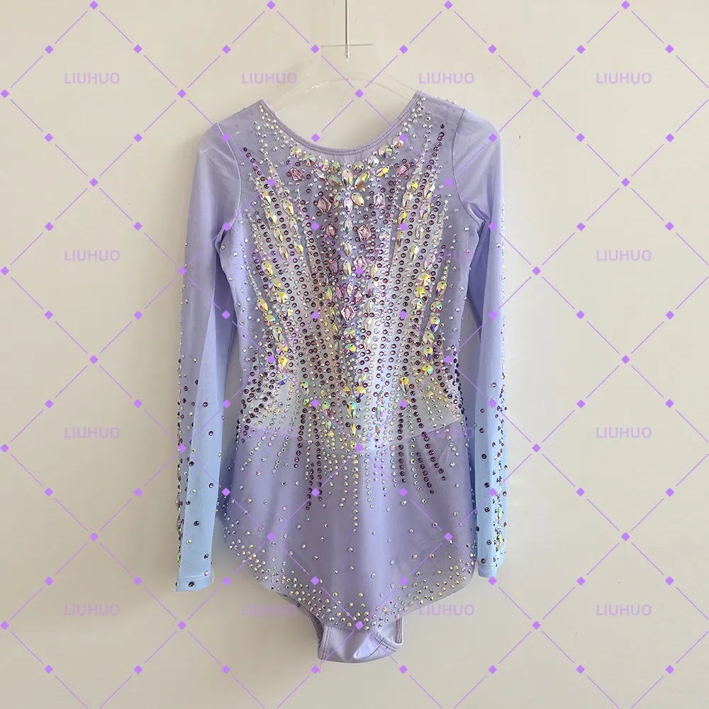 LIUHUO Rhythmic Gymnastics Leotards BD1698 | Lilac Purple Lavender Gradient Long Sleeve Crystal Gymnastics Costume for Girls