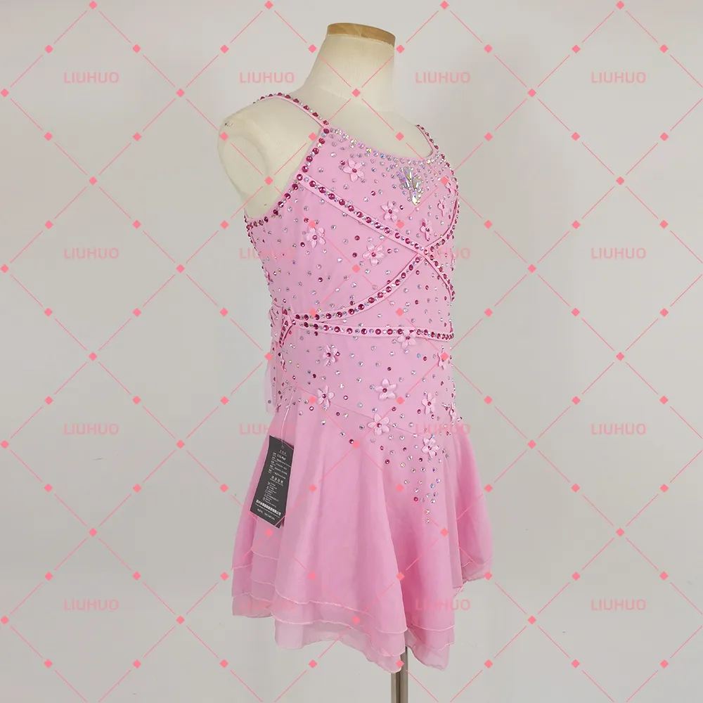 LIUHUO Figure Skating Costume JC1135 | Pink 3D Floral Camisole Competition Skating Costume for Girls