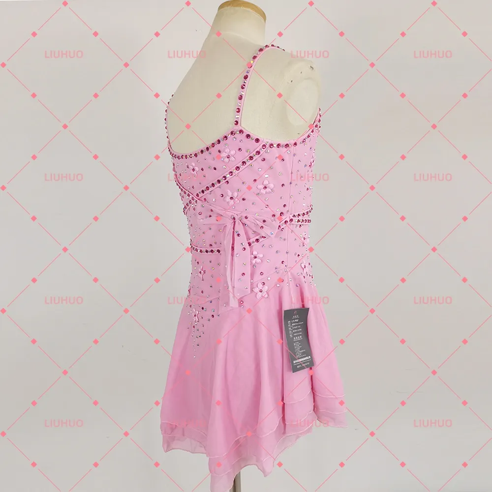LIUHUO Figure Skating Costume JC1135 | Pink 3D Floral Camisole Competition Skating Costume for Girls
