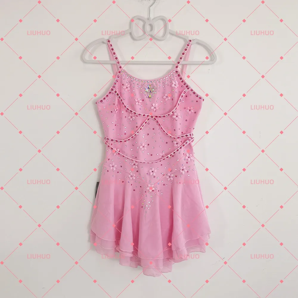 LIUHUO Figure Skating Costume JC1135 | Pink 3D Floral Camisole Competition Skating Costume for Girls