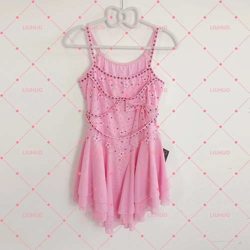 LIUHUO Figure Skating Costume JC1135 | Pink 3D Floral Camisole Competition Skating Costume for Girls