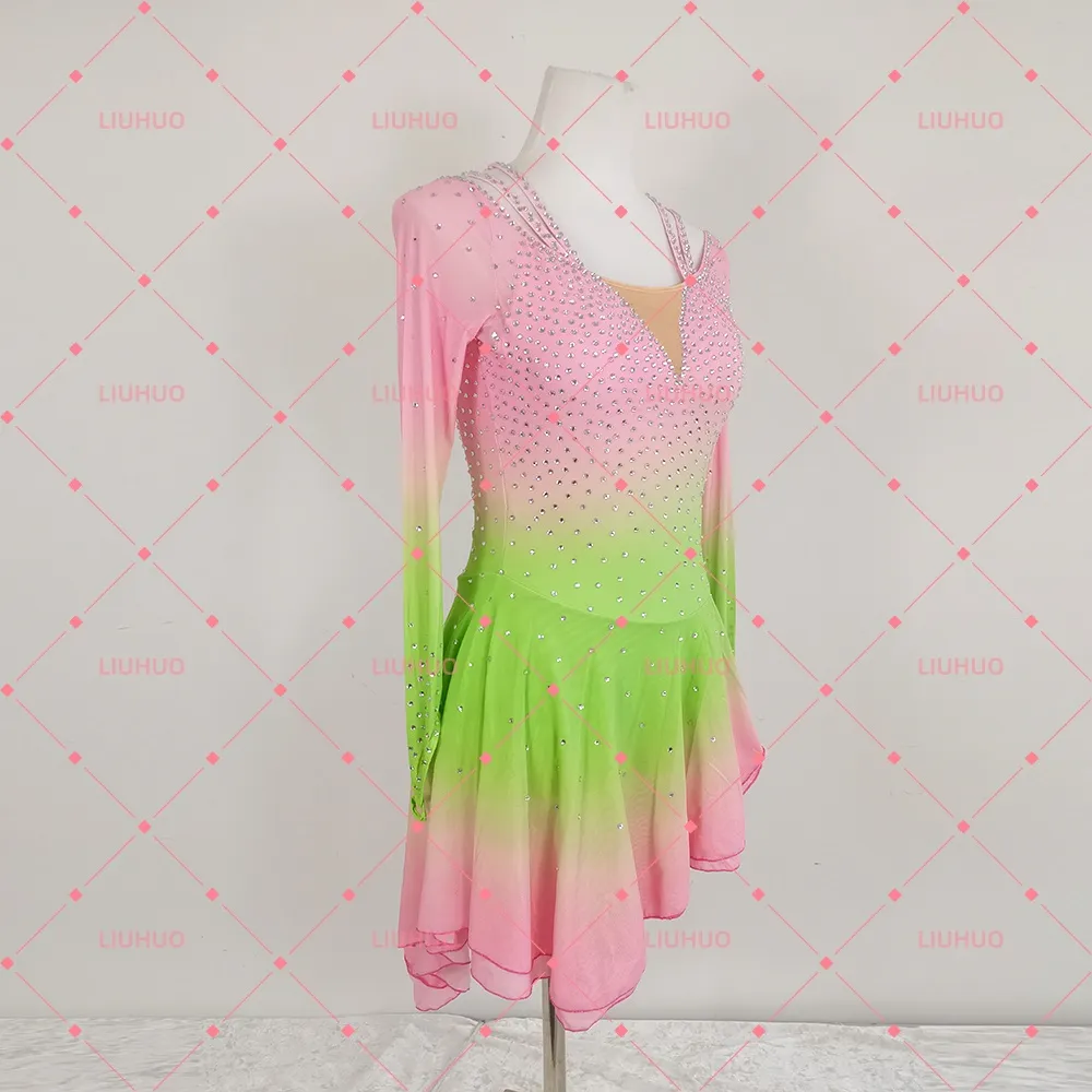 LIUHUO Figure Skating Costume BD8021 | Pink Green Ombré Crisscross Competition Skating Costume for Girls