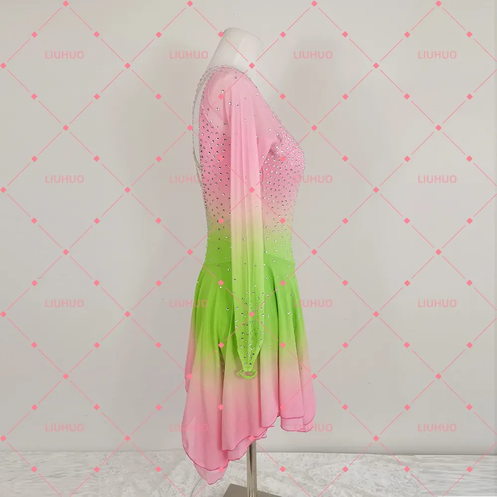 LIUHUO Figure Skating Costume BD8021 | Pink Green Ombré Crisscross Competition Skating Costume for Girls