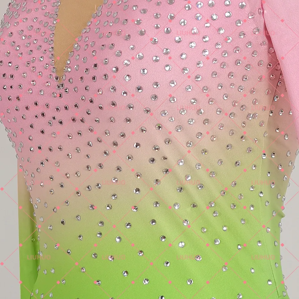 LIUHUO Figure Skating Costume BD8021 | Pink Green Ombré Crisscross Competition Skating Costume for Girls