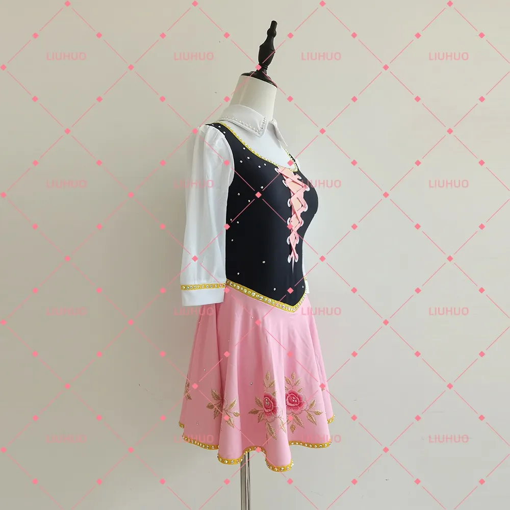 LIUHUO Figure Skating Dress JC1165 | German Dirndl Bavarian Pink Rose Floral Embroidered Crystal Figure Skating Costume for Girls