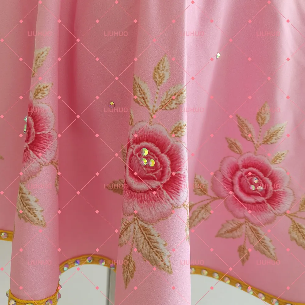LIUHUO Figure Skating Dress JC1165 | German Dirndl Bavarian Pink Rose Floral Embroidered Crystal Figure Skating Costume for Girls