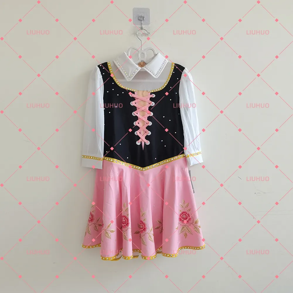 LIUHUO Figure Skating Dress JC1165 | German Dirndl Bavarian Pink Rose Floral Embroidered Crystal Figure Skating Costume for Girls