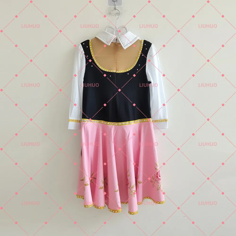 LIUHUO Figure Skating Dress JC1165 | German Dirndl Bavarian Pink Rose Floral Embroidered Crystal Figure Skating Costume for Girls