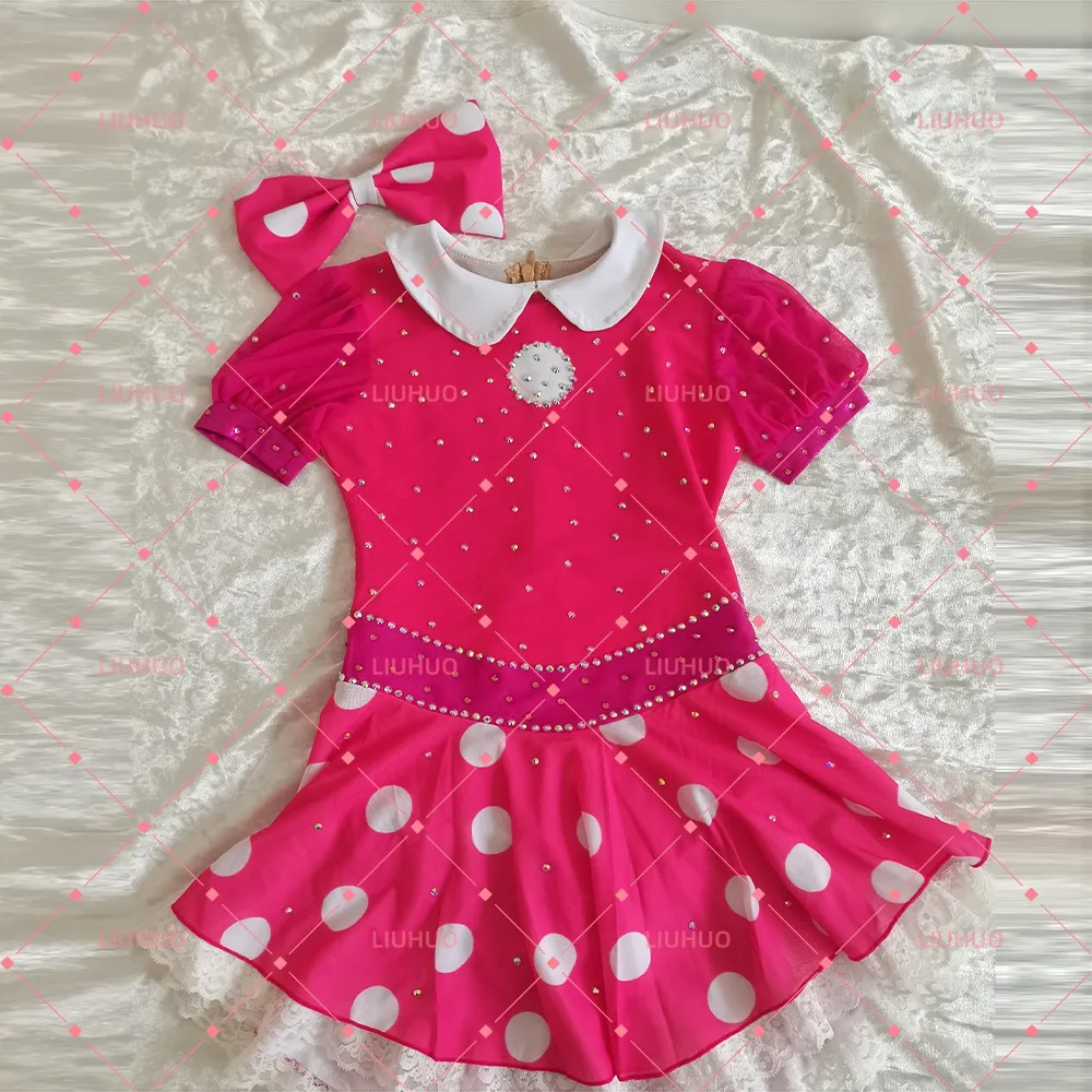 LIUHUO Figure Skating Dress JC1164 | Pink & White Peter Pan Collar Crystal Competition Skating Costume for Girls