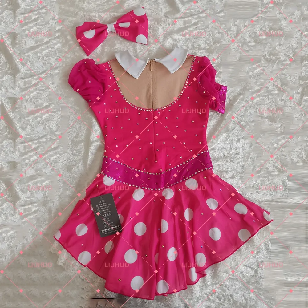LIUHUO Figure Skating Dress JC1164 | Pink & White Peter Pan Collar Crystal Competition Skating Costume for Girls