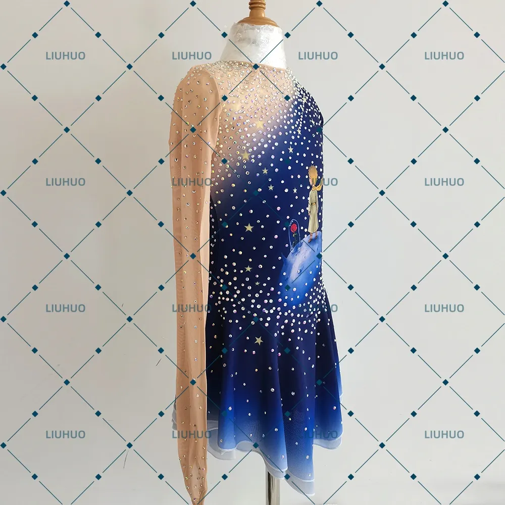 LIUHUO Figure Skating Costume JC1149 | The Little Prince Galaxy Theme Ombre Blue Crystal Skating Costume for Girls