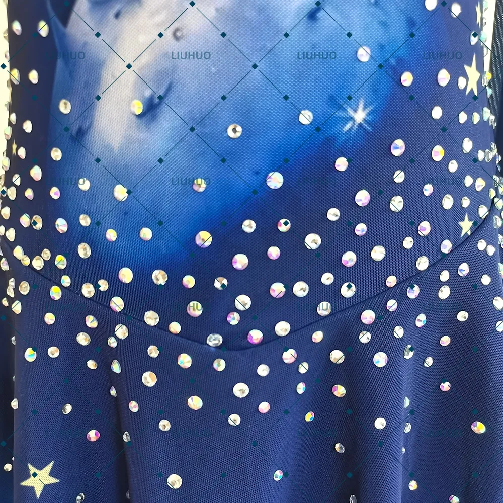 LIUHUO Figure Skating Costume JC1149 | The Little Prince Galaxy Theme Ombre Blue Crystal Skating Costume for Girls