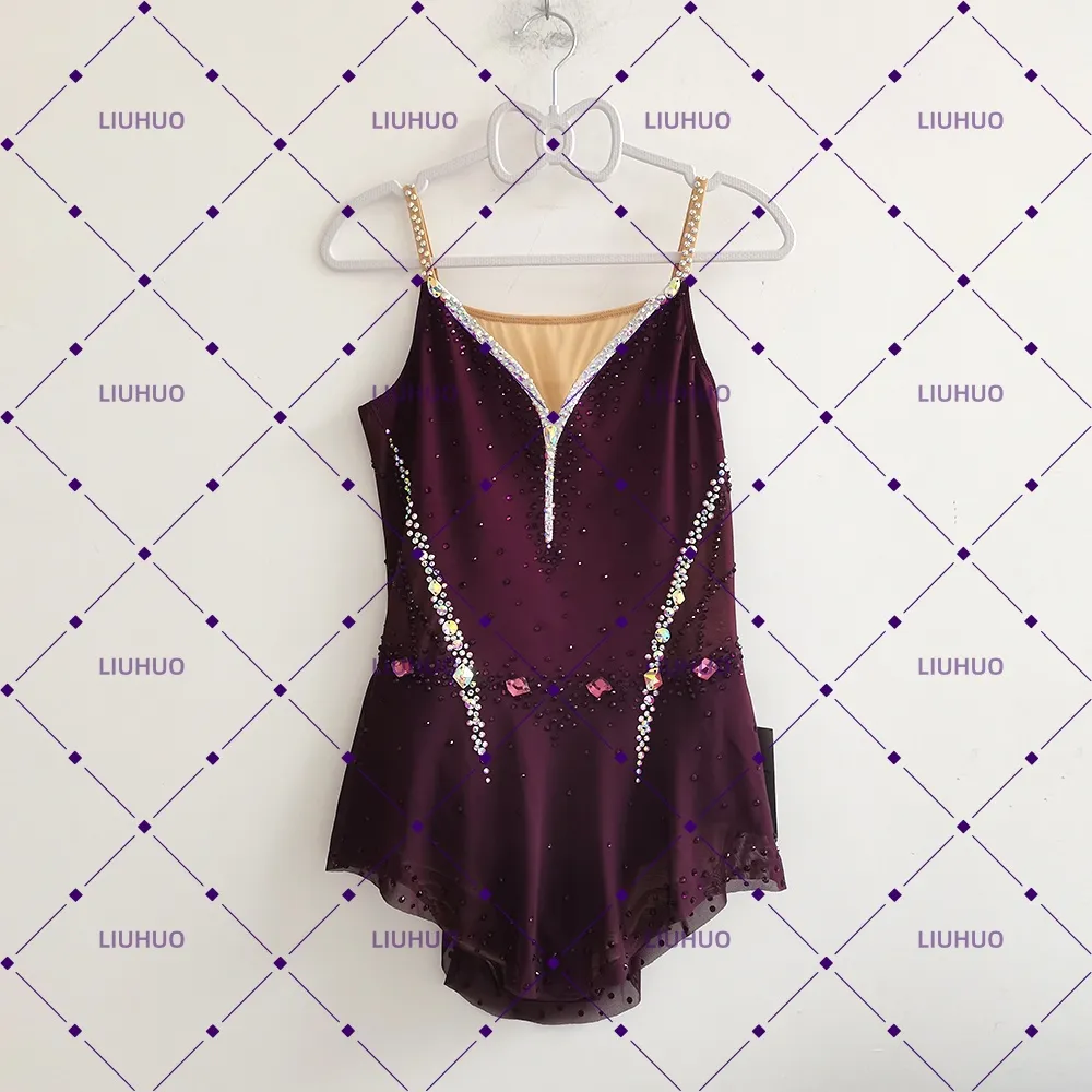 LIUHUO Rhythmic Gymnastics Costume JC1193 | Burgundy V Strap Dotted Mesh Competition Gymnastics Costume for Girls