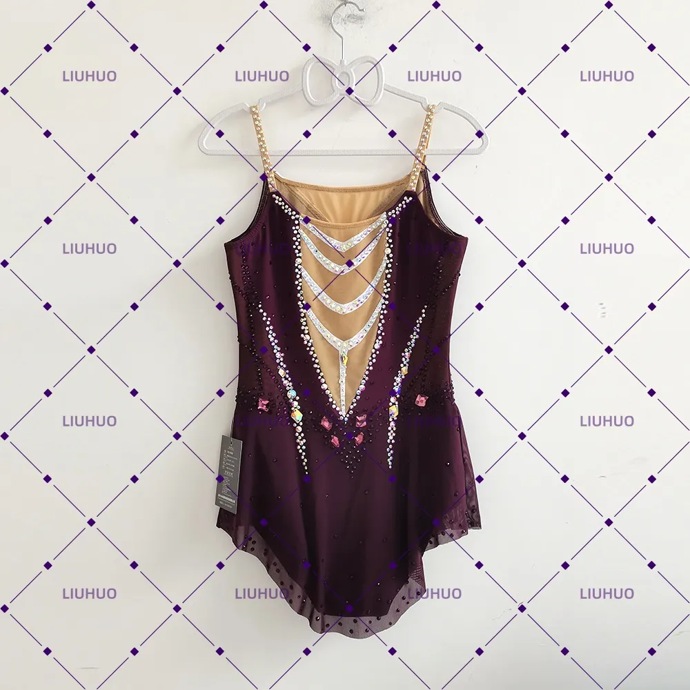 LIUHUO Rhythmic Gymnastics Costume JC1193 | Burgundy V Strap Dotted Mesh Competition Gymnastics Costume for Girls