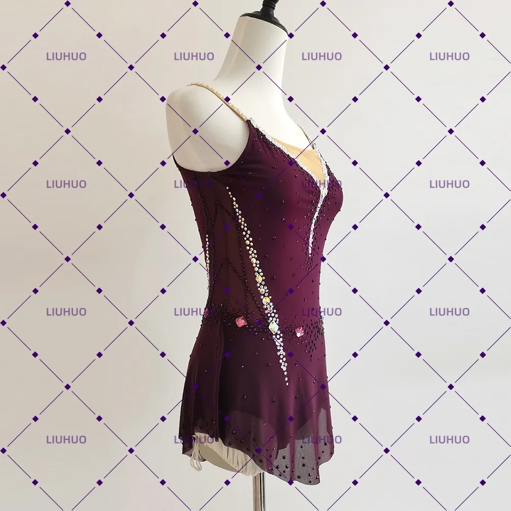 LIUHUO Rhythmic Gymnastics Costume JC1193 | Burgundy V Strap Dotted Mesh Competition Gymnastics Costume for Girls