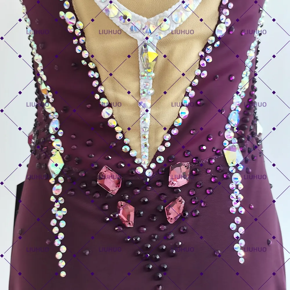 LIUHUO Rhythmic Gymnastics Costume JC1193 | Burgundy V Strap Dotted Mesh Competition Gymnastics Costume for Girls