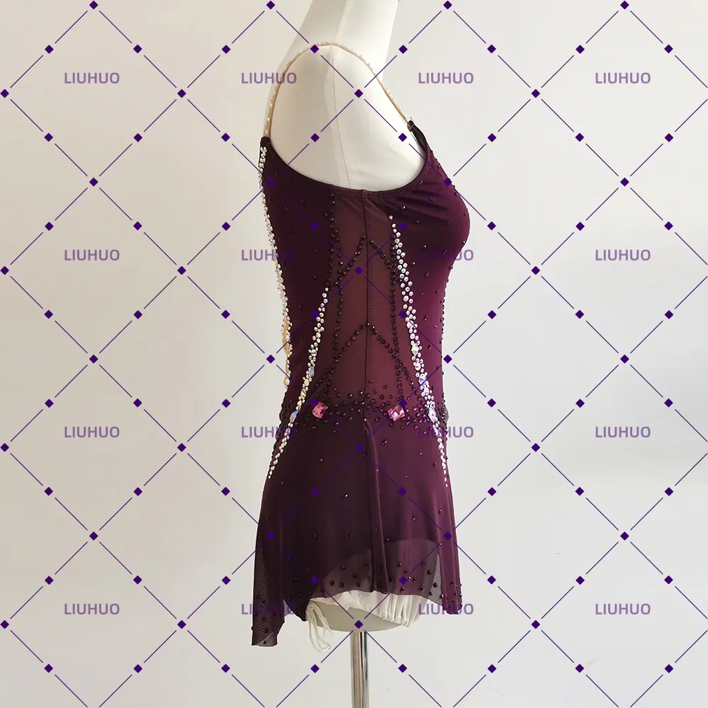 LIUHUO Rhythmic Gymnastics Costume JC1193 | Burgundy V Strap Dotted Mesh Competition Gymnastics Costume for Girls