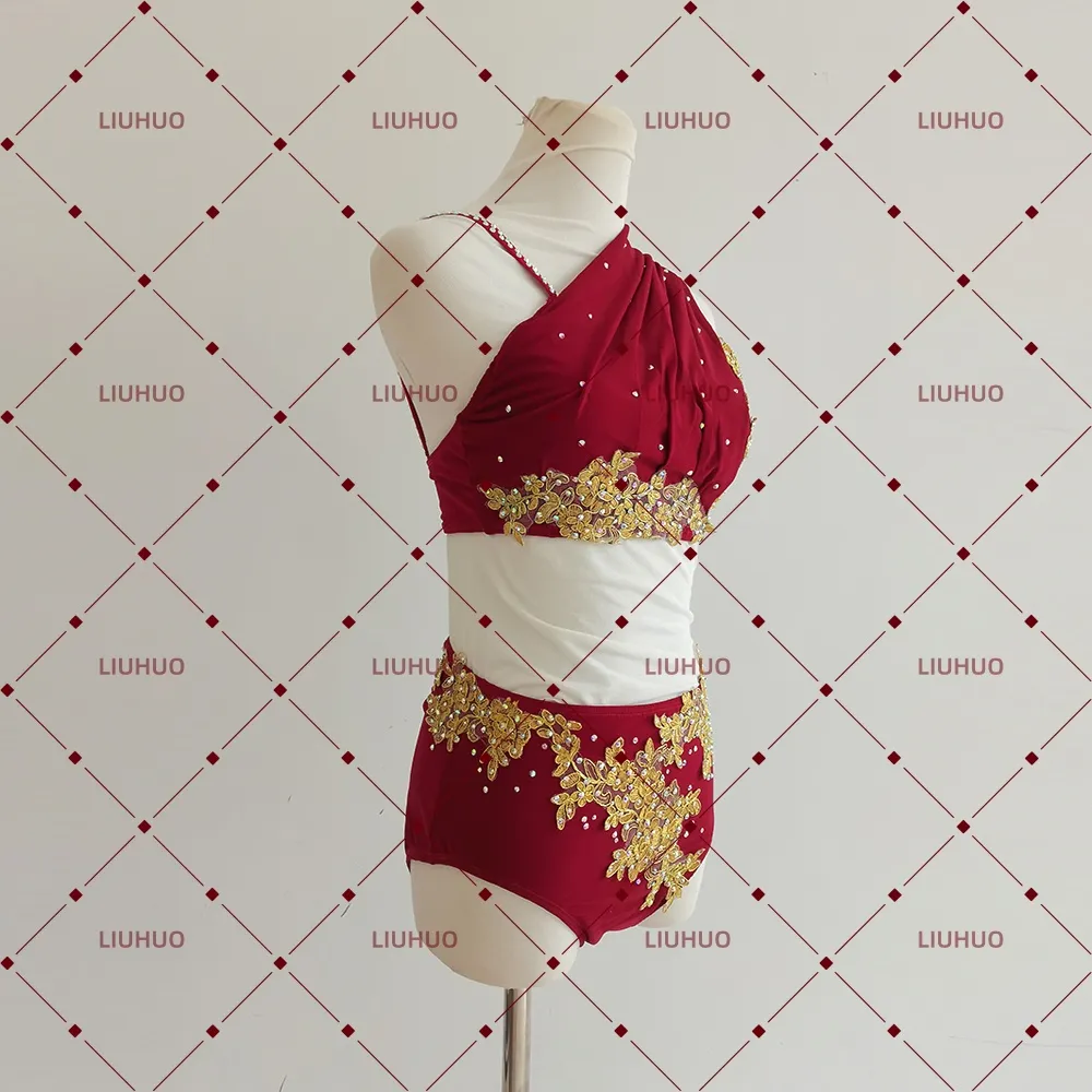 LIUHUO Lyrical Dance Costume BD8852 | Burgundy Gold Asymmetric Draped Lace Competition Contemporary Costume for Girls